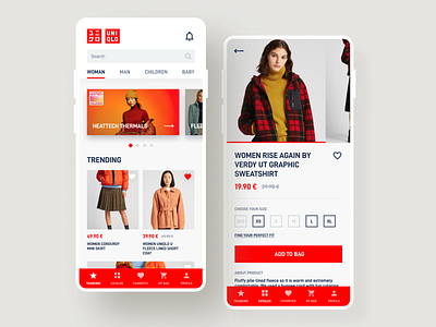 Uniqlo Mobile App Concept add design add to bag app clothing cost mobile app design mobile ui product cards red search ui uiux ux