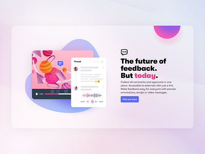 Hero: Video commenting audio commenting feedback hero landing page player purple shapes soft thread transparent ui video