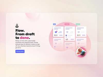 Hero: Tailored view for tracking the tasks approve background board cards comments hero kanban landing page ornage pastels pink section shapes skeleton soft stamp tasks tracking transparent
