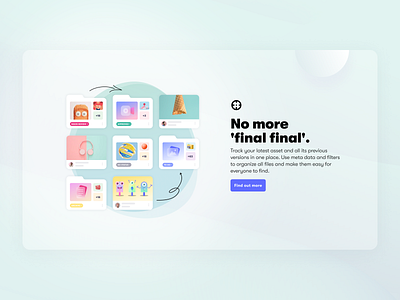 Hero: Organising the assets file collaboration folders green ice cream landing page shapes soft teal transparent versioning