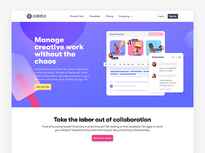Hero - Manage creative work without the chaos blue designer devoloper purple