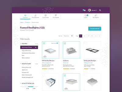 Search results comparison ecommerce filters gradient paging products purple results search tiles