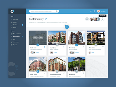 Project landing page blue dashboard landing project side menu thumbnails tiles users
