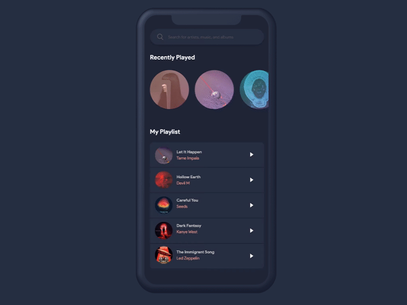 Music Player Interaction 2d animation blue dailyui dark design interaction design minimalistic mobile ui ui design