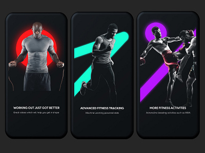 Fitness Onboarding Screens 2d dark fitness fitness app fitness club gym interaction design minimalistic mobile ui ui design