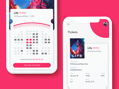 Movie App UI (Seats Booking and Ticket) 2d interaction design minimalistic mobile movie movie app ui ui design