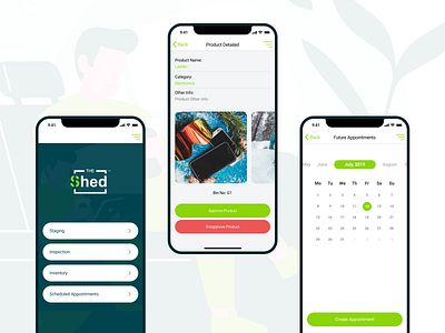 Shed calendar green mobile mobile app product rent things for rent uiux warehouse of things white ui