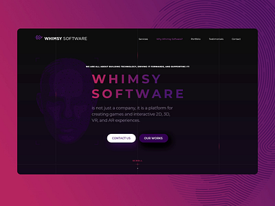 Landing Page Design for Whimsy Software animation banner brand identity design dark design graphic design illustration landing page design motion pink design purple ui unity design vector violet webdesign