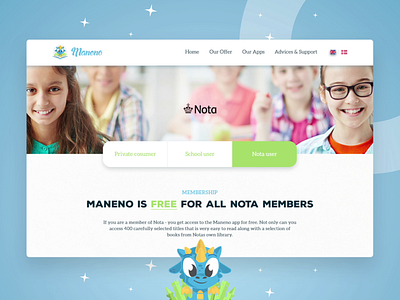 Web Design For Kids Reading App Maneno adobephotoshop banner blue children book color education app graphic design hero illustration interactive design kids light design logo promotional design reading app ui user interface ux vector webdesign