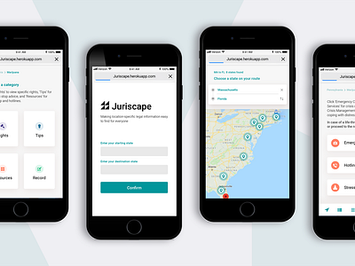 Juriscape - Overview api driving google maps high fidelity icons iphone legal location map menu cards mobile mockup onboard responsive route ui design uiux ux design web app wireframes