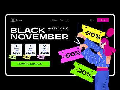Black november app application balck friday character design flat girl hero banner illustration landing main page minimal sale service ui ux vector vpn web webdesign
