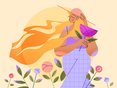 Sunshine 2d app character characterdesign flat flower girl illustration illustrator minimal morning nature people procreate spring summer sun texture vector web