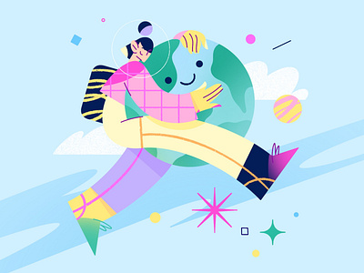 Happy Earth day! app astronaut care character characterdesign earth earthday flat fly girl hug illustration love minimal planet procreate space star vector web