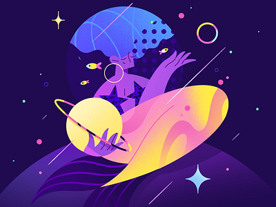 Galactic Mermaid character characterdesign cosmic femele fish flat galactic galaxy girl illustration mermaid minimal neon planet procreate space star texture vector web