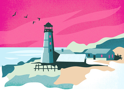 Serenity app blue flat illustration light lighthouse minimal ocean pink sea sunset texture ui village web
