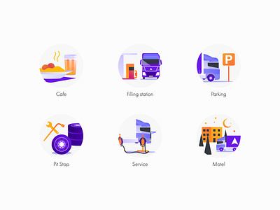 Icons set for app aplication app apple commercial design flat icon illustration minimal onboard purple road transport trip trucker ui ux vector web