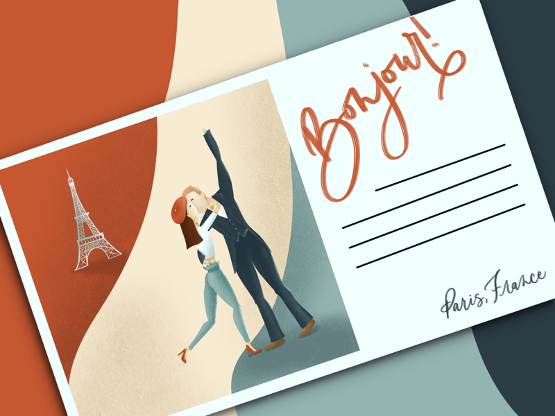Parisian Love Postcard illustration red europe tricolor romance love couple france paris
