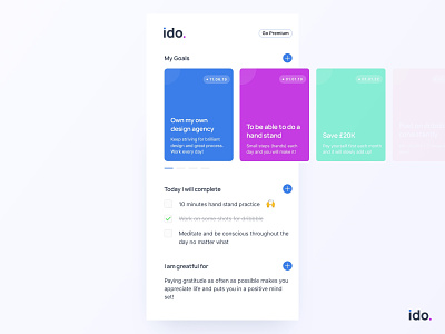 ido. the motivational app to help you achieve your goals android app cards checklist clean color colour design flat ios layout logo mobile tasks typography ui ux