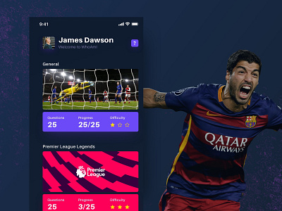Football Quiz App android app categories clean color colour dark ui design flat football ios ios12 layout mobile questions quiz soccer typography ui ux