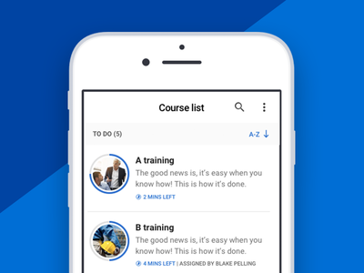 Teamtrain app course list progress bar sort by training