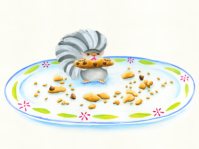 Gouache illustration cookie hungry plate squirrel watercolor