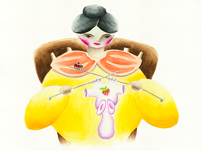 Gouache illustration grandmother knitting ladybug pajamas watercolor