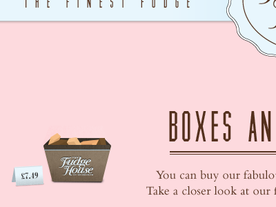 Our Fudge bembo blue brown fudge header muncie packaging pink website