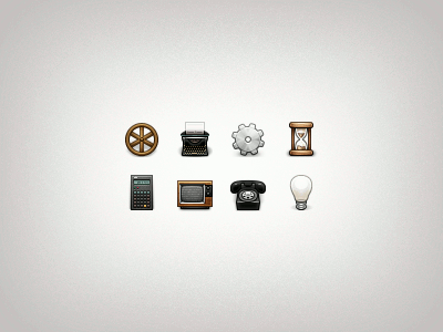 Vintage Icons 32px antique calculator gear heritage hourglass incandescent lightbulb phone technology tv typewriter vintage wheel