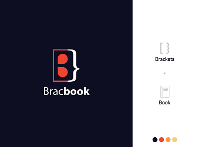 Bracbook Logo blue book braces bracket creative curly bracket face icon logo orange sqaure bracket white