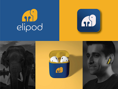 Elipod Logo airpods blue creative earbuds elephant elephant logo logo logo design logos logotype music music app music logo unique logo yellow yellow and blue