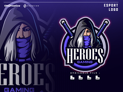 HEROES E-SPORTS LOGO assasins badge blue digital esports games graphic heroes illustrations logo logo design mascot people player promotions sports streamer tournament twitch warrior