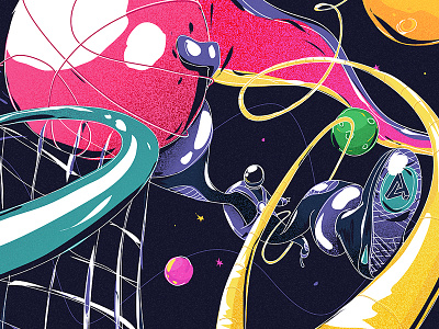 Hello Dribbble! astronaut ball basket character illustration intergalactic perspective planet space sports stars