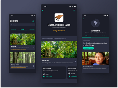 Environmental Mobile App app conservation dark dark mode dark theme dark ui design detail page environment explore flat mobile app search ui uiux ux