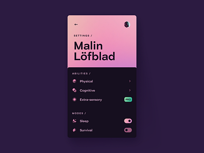 Settings 007 app challenge clean dailyui dark mode dark theme dark ui gradient interface minimalism mobile pink ui ux