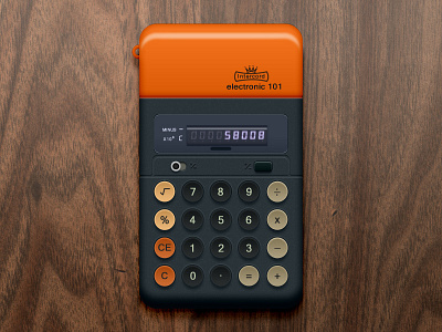 electronic 101 3d button calculator orange plastic rubber ui ux vintage wood