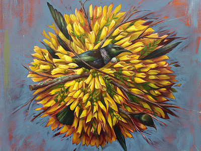 Nectar bird floral illustration new zealand oils painting popsurrealism traditional tui