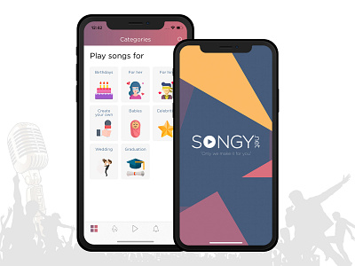 Splash and home page branding card design categories colorful gift homepage iphone x mobile app ui mockup music search singer singing songs splash splash screen tab bar ui ux