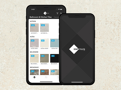Tiles app bathroom catalogue catalogue design categories ceramic filter home home page iphone x kitchen mobile app ui mockup search shades splash tab bar tag tiles