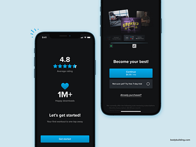 bodybuilding.com dark theme app app clean design fit fitness ios iphone minimal onboarding pay payment subscription ui workout
