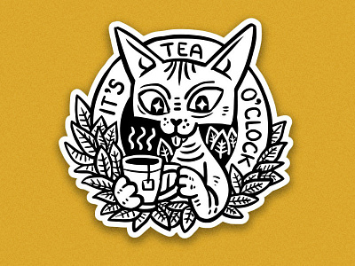 It's Tea o'Clock animals black and white cat character design illustration sticker design tea