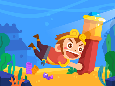 Wukong banner child color design gold icon illustration monkey myth sea seabed seaweed ui 孙悟空 猴子 西游记