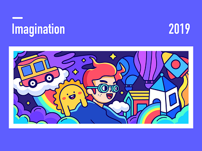 Imagination blue car castle child cloud color fire flying future happy hot air balloon house illustration imagination monster rainbow rocket space star youth