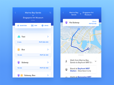 Commute Modes and Directions app blue clean commute maps minimal mobile navigation transport ui
