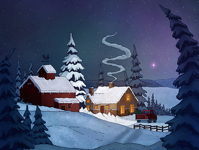 Winter Scene barn christmas cold cozy digital painting farm iowa landscape outdoors snow trees