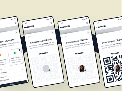 Moneez Mobile Screens fintech minimal mobile app payment product design qrcode responsive web app