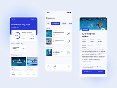 Swimming Coach App app blue coach concept design mobile pool sport swimming training ui workout