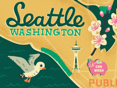 Illustrated map of Seattle animals digital illustration hand drawn handmade illustration lettering map pen and ink put a bird on it seattle texture vector