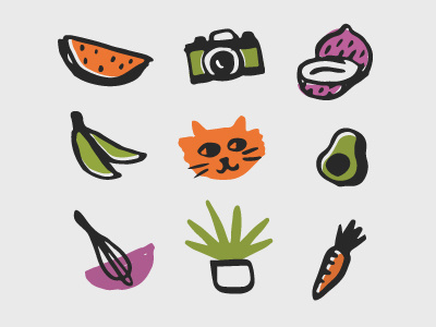 lifestyle blog icons animals blogger camera foodie fruit hand drawn icons illustration pen and ink vegan vegetables veggies