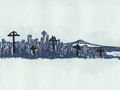 Seattle Skyline: 2015 buildings city cityscape hand drawn handmade illustration mixed media pen and ink personal work seattle trees urban