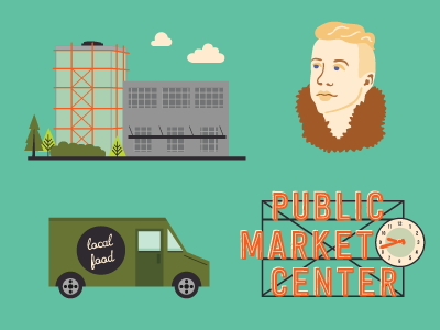 Seattle icons building digital illustration food truck icon illustration infographic man market people rei seattle vector